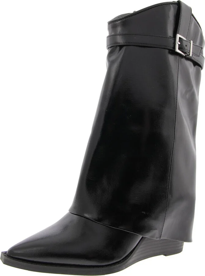 Joe Womens Buckle Faux Leather Wedge Boots