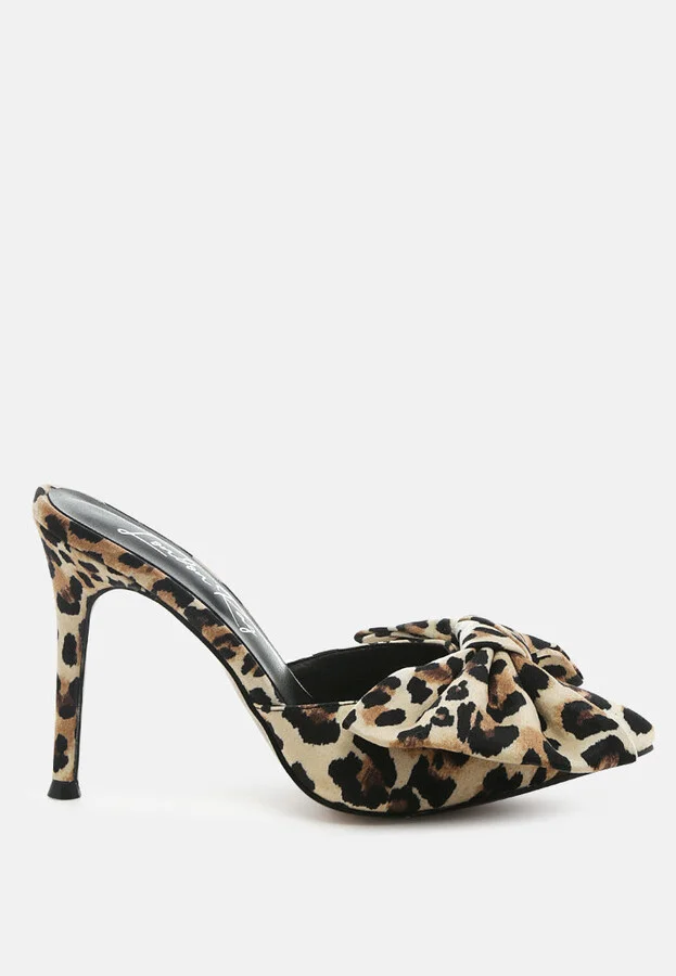 Joelle High Heel Bow Tie Leopard Print Mules