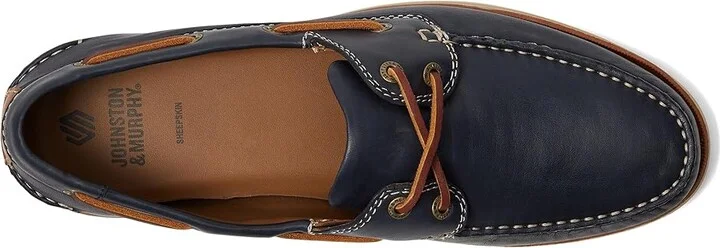 Johnston & Murphy Monaco 2-Eye Boat Shoe Men's Lace-up Boots Navy Sheepskin : 9.5 M (D), Leather - Image 2