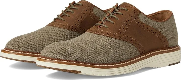Johnston & Murphy Upton Knit Saddle Men's Slip on Shoes Taupe Knit/Brown Oiled Full Grain : 8.5 M (D), Leather