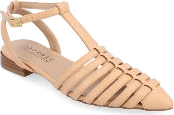 Journee Collection Women's Alivia Ankle Strap Block Heel Pointed Toe Flats Tan