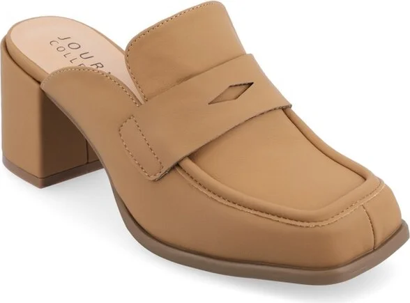 Journee Collection Women's Bayley Slip On Block Heel Mule Pumps, Tan