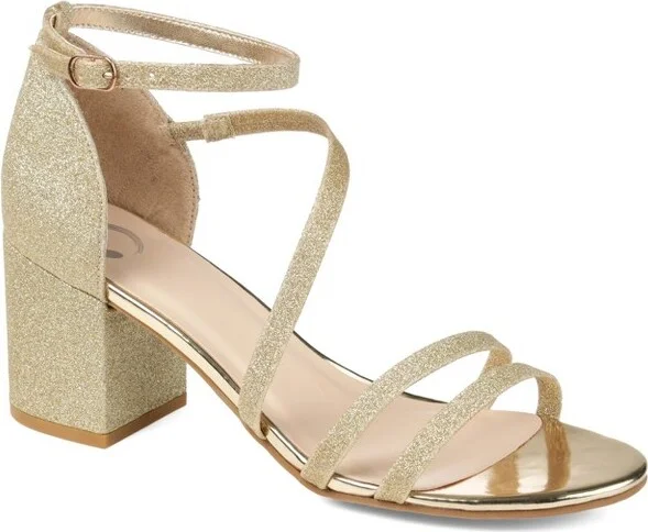 Journee Collection Women's Bella Open Toe Mid Block Heel Pumps Gold