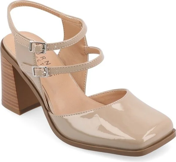 Journee Collection Women's Caisey Double Strap Mary Jane Pumps, Patent/Taupe