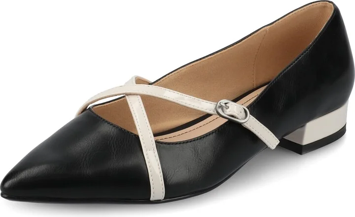 Journee Collection Womens Camby Dress Flat Crisscross Strap Pointed Toe Slip On Cushioned Block Heel Spring Summer Shoe Black