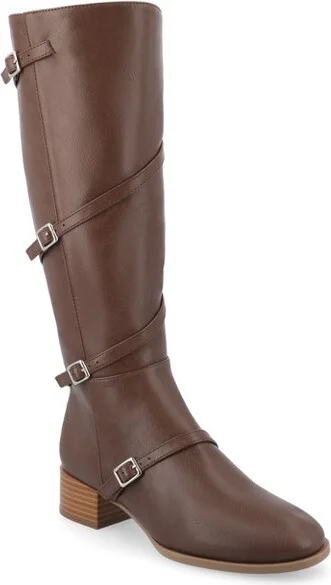 Journee Collection Women's Elettra Stacked Block Heel Round Toe Boots, Cognac