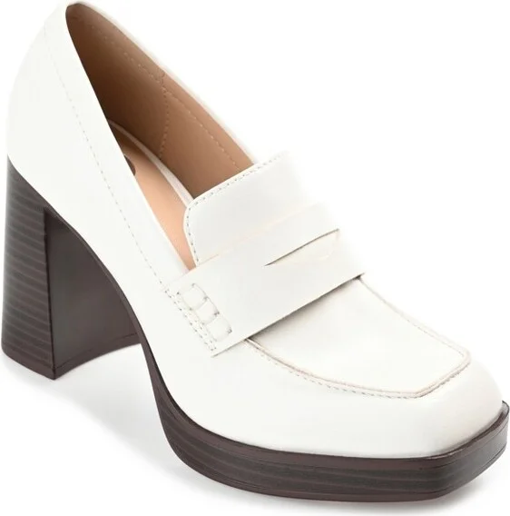 Journee Collection Women's Ezzey Loafer Mid Stacked Heel Square Toe Pumps Tan