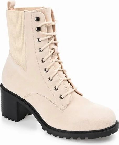 Journee Collection Women's Kassia Lace Up Stacked Heel Booties Off White