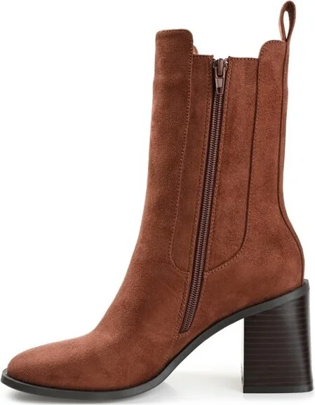 Journee Collection Women's Kaydia Square Toe Stacked High Ankle Booties Camel - Image 3