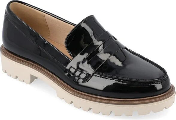 Journee Collection Women's Kenly Medium and Wide Width Slip On Round Toe Loafer Flats, Patent/Black 5.5W
