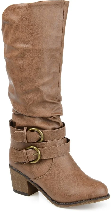 Journee Collection Women's Late Rouched Buckle Mid Shaft Block Heel Boots