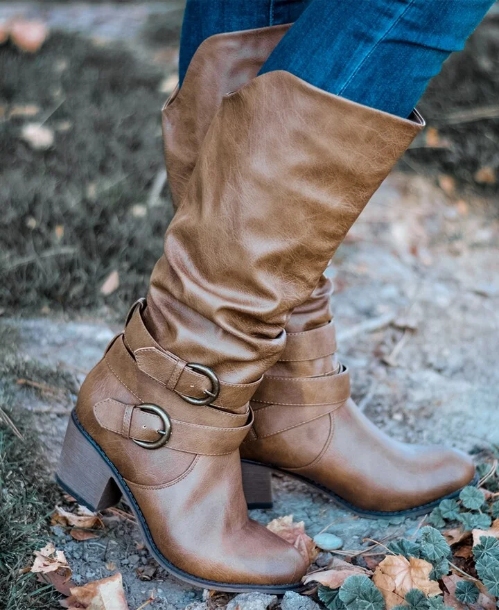 Journee Collection Women's Late Wide Calf Rouched Buckle Mid Shaft Block Heel Boots - Image 11