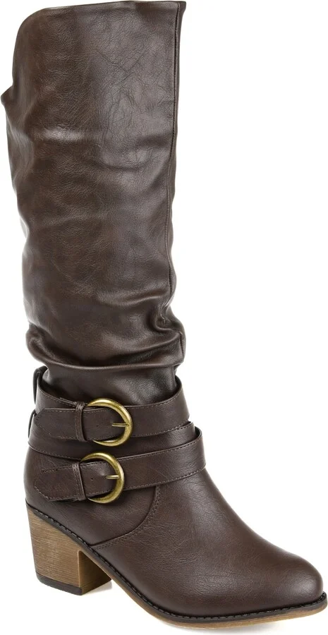 Journee Collection Women's Late Wide Calf Rouched Buckle Mid Shaft Block Heel Boots