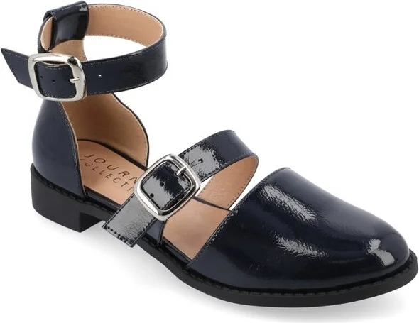 Journee Collection Women's Medium and Wide Width Constance Buckle Round Toe Mary Jane Flats, Navy 9.5W