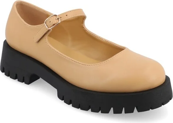 Journee Collection Women's Medium and Wide Width Kamie Mary Jane Round Toe Buckle Flats, Tan