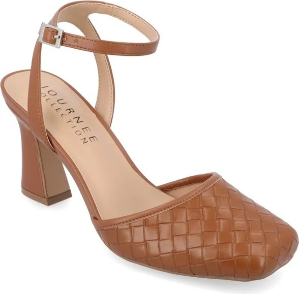 Journee Collection Women's Moriah Embossed Ankle Strap Square Toe Pumps Tan