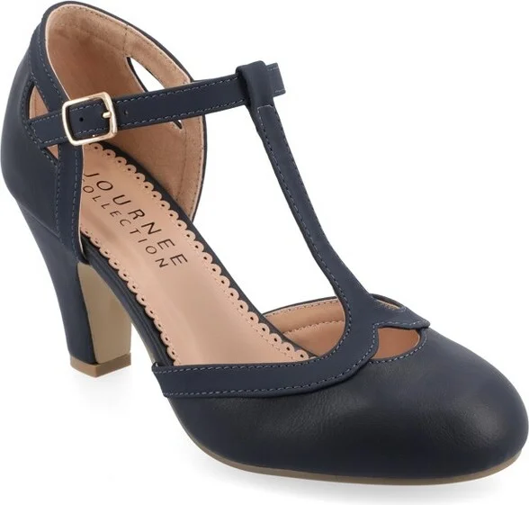 Journee Collection Women's Olina Medium and Wide Width Round Toe High Block Heel Pumps Navy 9WD