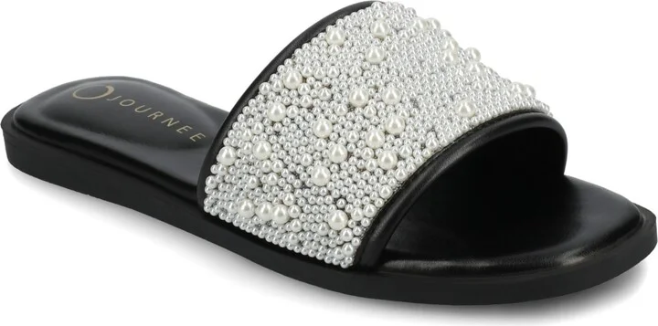 Journee Collection Women's Precly Faux Pearl Single Band Flat Sandals