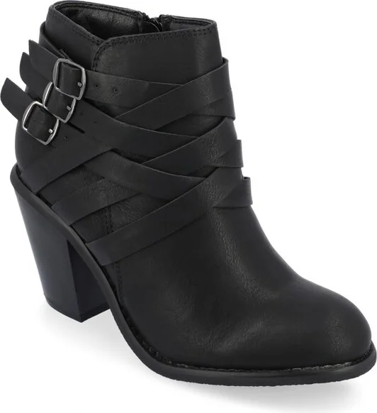 Journee Collection Women's Strap Inside Zip Stacked Heel Booties Black 10WD