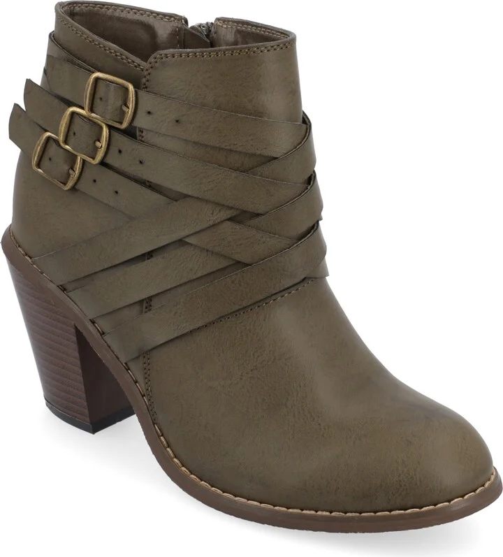 Journee Collection Women's Strap Round Toe Stacked Heel Dress Booties