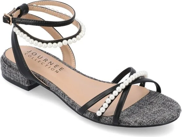 Journee Collection Women's Tulsi Faux Pearl Ankle Strap Covered Block Heel Sandals Black