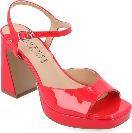 Journee Collection Women's Ziarre Patent Vegan Leather Ankle Strap Platform Sandals Red