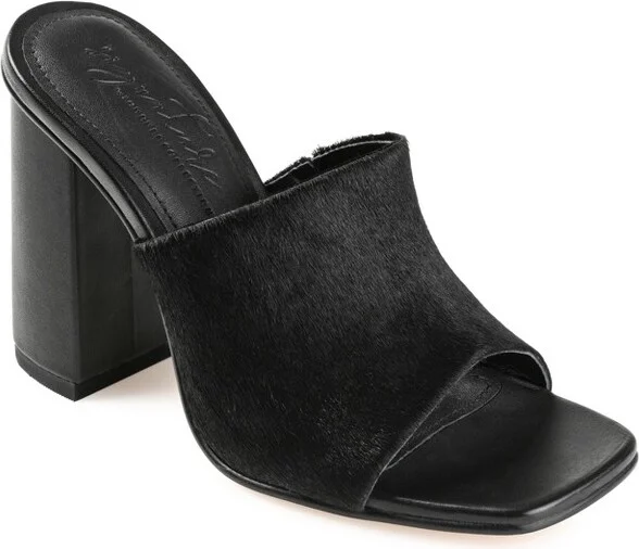 Journee Signature Women's Genuine Leather Deena Slip On Block Heel Open Square Toe Sandals Black