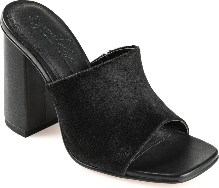 Journee Signature Womens Genuine Leather Deena Slip On Block Heel Open Square Toe Sandals