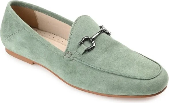 Journee Signature Women's Genuine Leather Giia Loafer Round Toe Slip On Flats Sage
