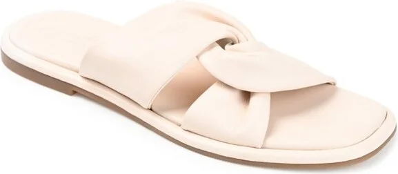 Journee Signature Women's Genuine Leather Kanndice Slip On Slide Sandals Beige
