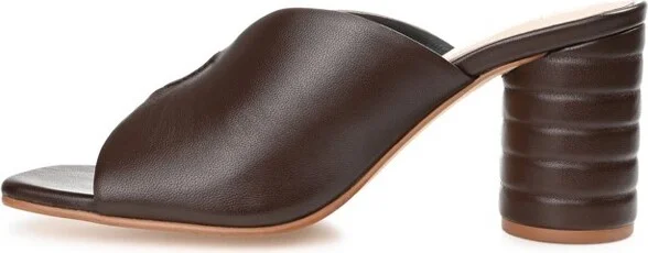 Journee Signature Women's Genuine Leather Karah Slip On Block Heel Open Square Toe Sandals Brown - Image 4