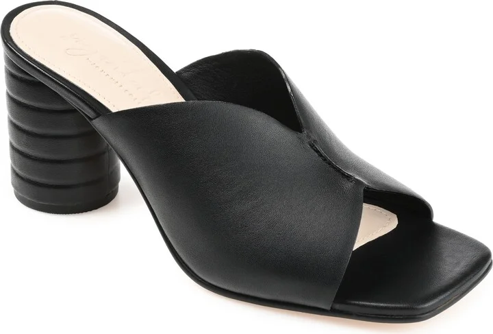 Journee Signature Womens Genuine Leather Karah Slip On Block Heel Open Square Toe Sandals