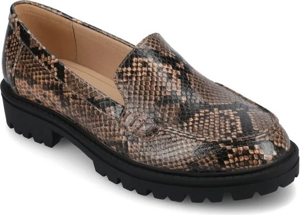 Journee Women's Comfort Systems Erika Medium and Wide Width Loafer, Snake/Brown