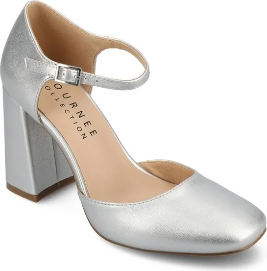Journee Women's Hesster Mary Jane Mid Block Heel Square Toe Pumps, Silver