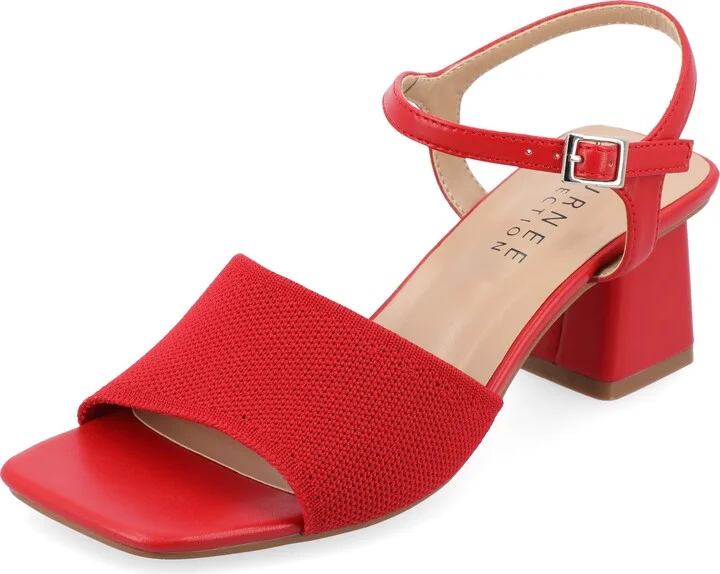 Journee Womens Knit Buckle Ankle Strap Covered Block Heel Open Square Toe Evylinn Comfort Foam Sandals Red