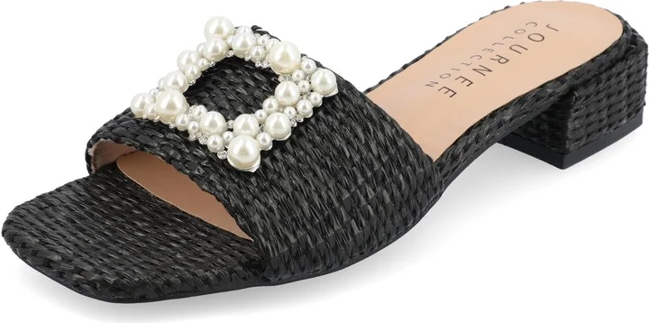 Journee Womens Pearl Raffia Slip On Open Square Toe Outset Block Heel Justina Comfort Foam Flat Sandals Black