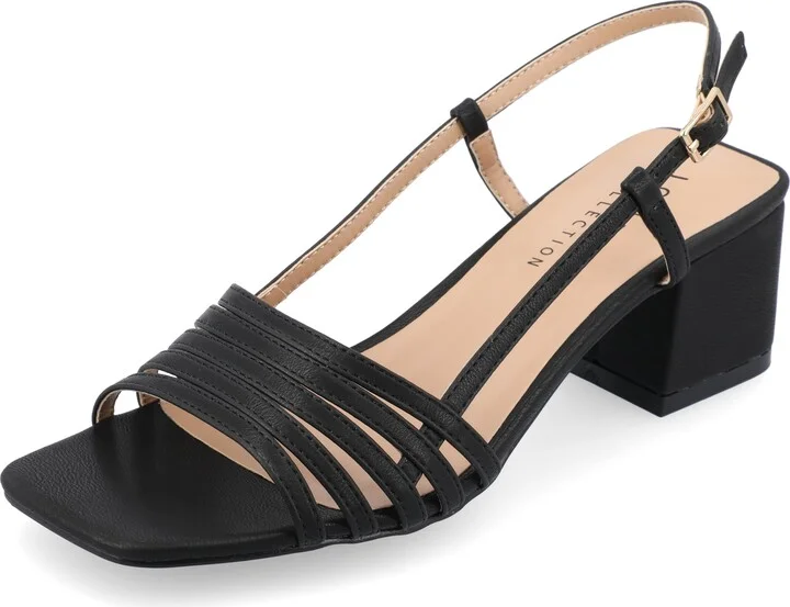 Journee Womens Strappy Buckle Sling Back Covered Block Heel Open Square Toe Shayana Comfort Foam Sandals Black