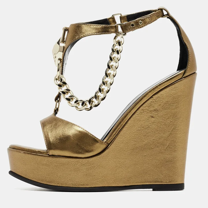 Just Cavalli Metallic Gold Leather Wedge Ankle Strap Sandals Size 38