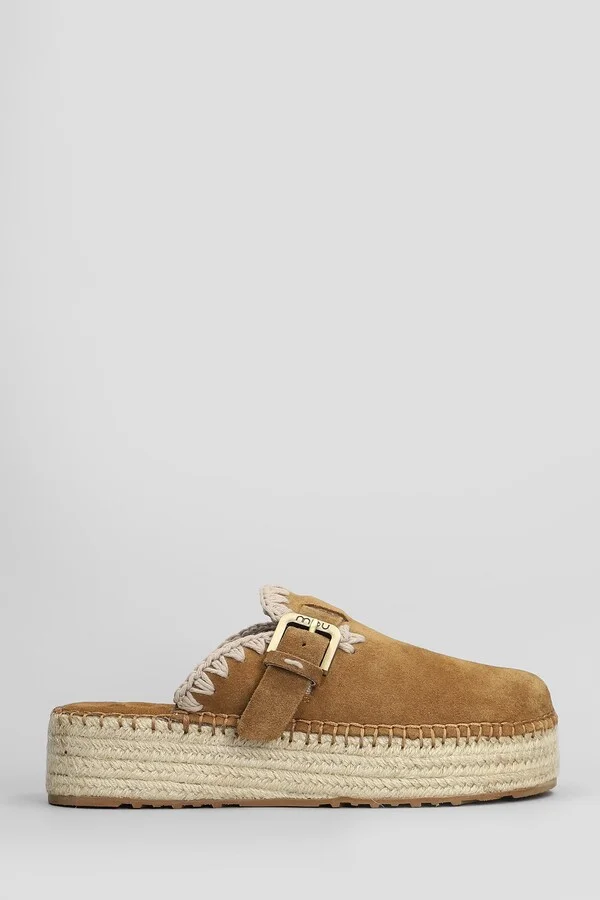 Jute Clog Plain Slipper-mule In Leather Color Suede