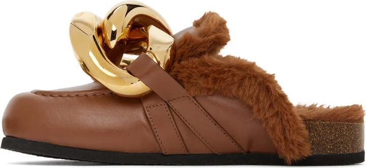 JW Anderson Brown Faux-Fur Chain Slides - Image 3