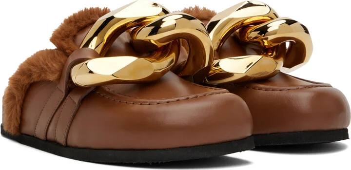 JW Anderson Brown Faux-Fur Chain Slides - Image 4