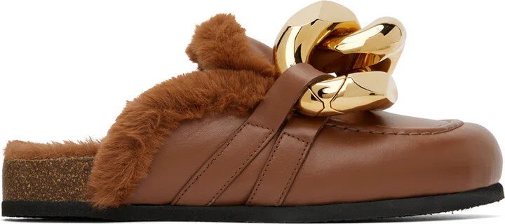 JW Anderson Brown Faux-Fur Chain Slides