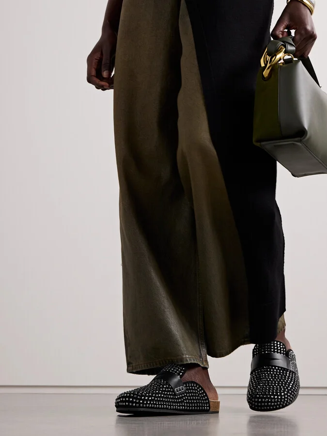JW Anderson - Leather-trimmed Crystal-embellished Suede Mules - Black - Image 2