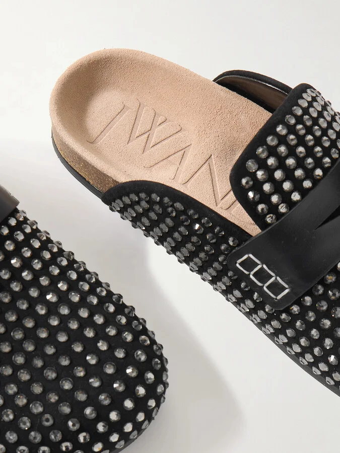 JW Anderson - Leather-trimmed Crystal-embellished Suede Mules - Black - Image 4