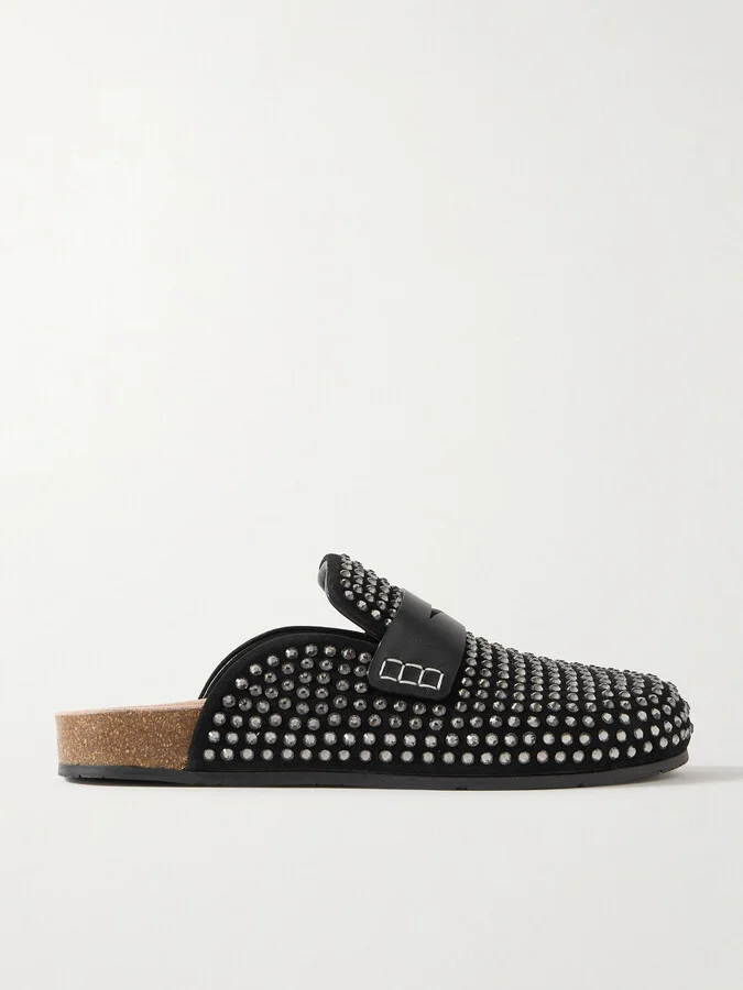 JW Anderson - Leather-trimmed Crystal-embellished Suede Mules - Black