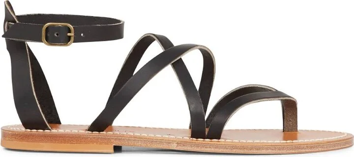 K Jacques Ladies Epicure Pul Noir Flat Leather Sandals