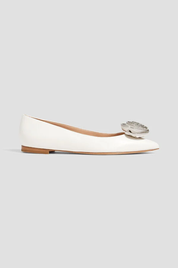 Karina floral-appliquéd leather point-toe flats