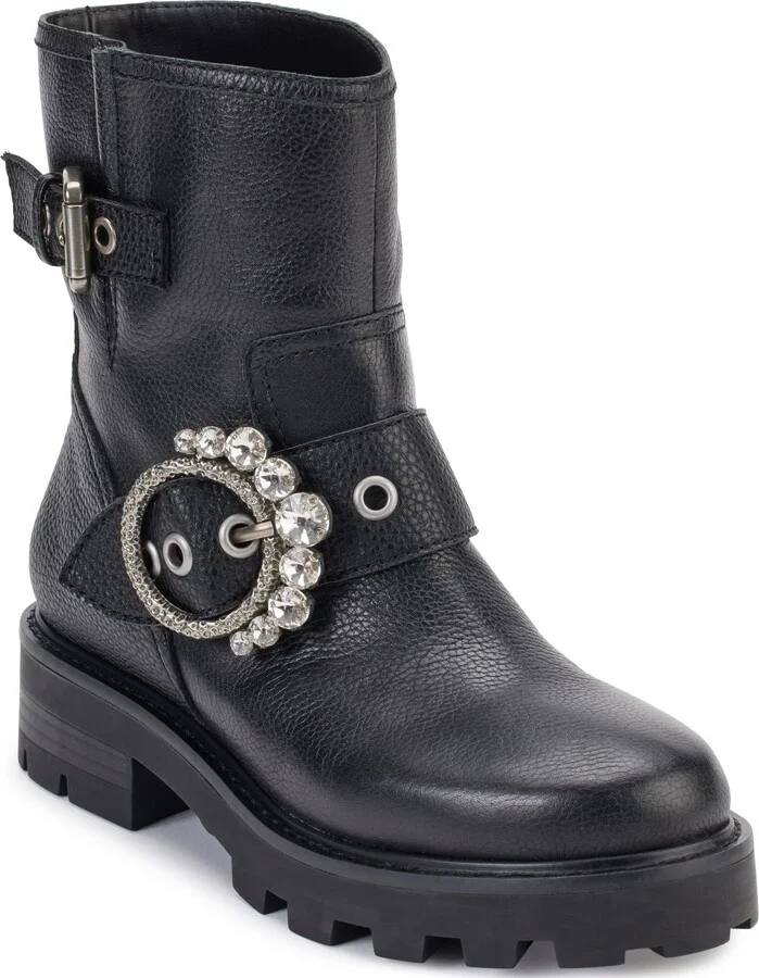 KARL LAGERFELD PARIS Women's Lug-Sole Marceau Bootie with Crystal Detailed Fashion Boot