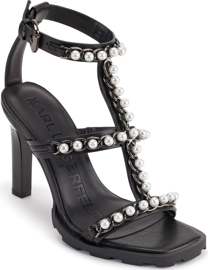 Karl Lagerfeld Paris Women's Midge T-Strap Studded Heel Sandal Heeled