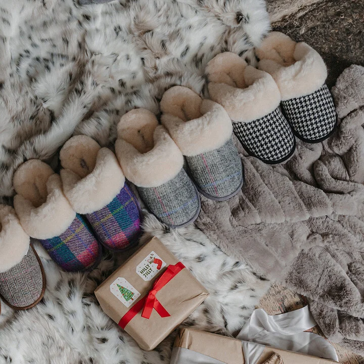 Kate - Harris Tweed Mule Slippers - Grey / Pink Check - Image 2